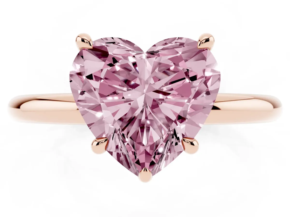 Fancy Pink Heart Cut Diamond Solitaire Ring with Thin Band and Four-Prong Setting Rose gold