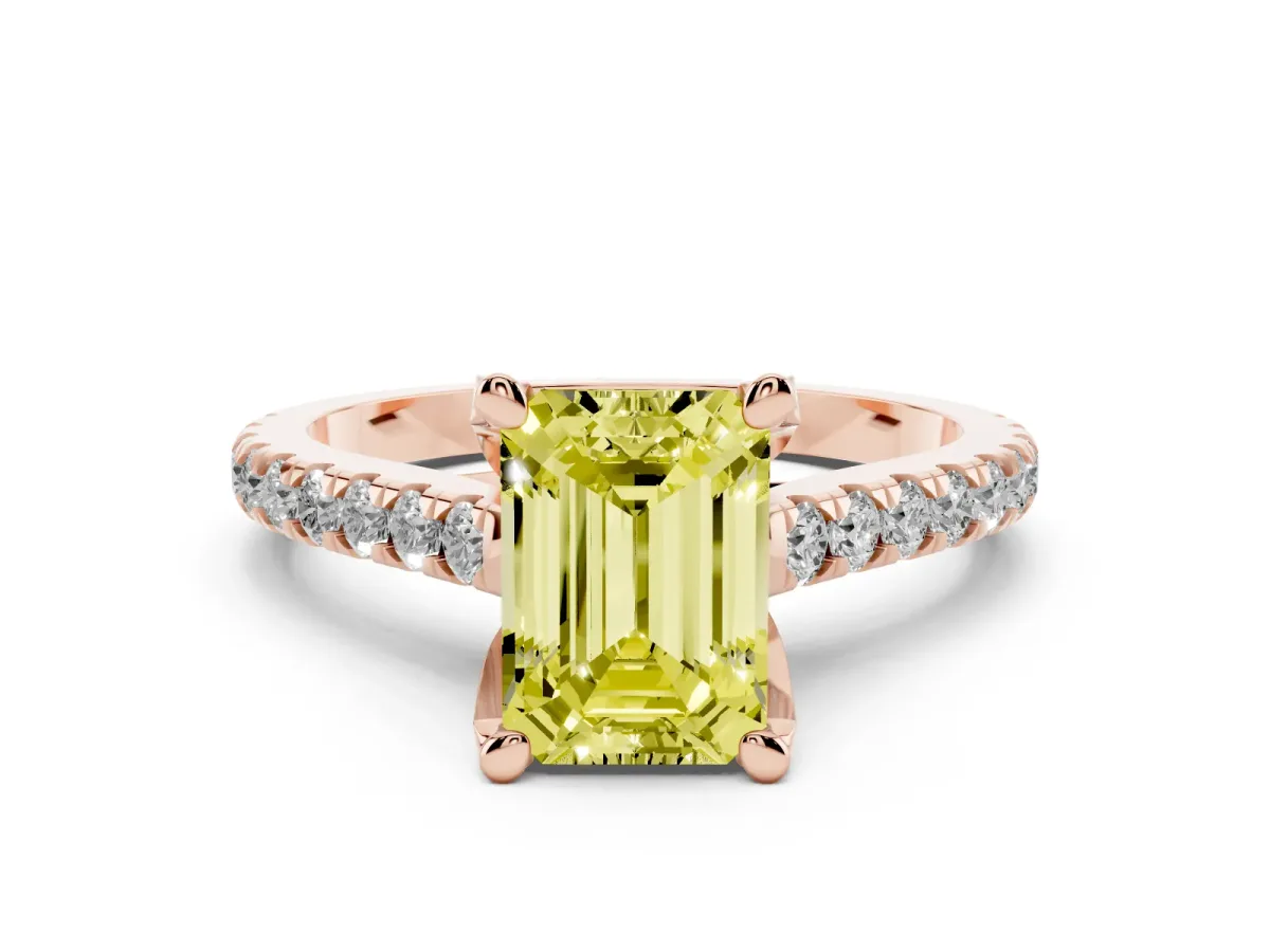 Fancy Yellow Emerald Cut Brilliant Diamond Solitaire with Pavé Band and Four-Prong Setting Rose gold