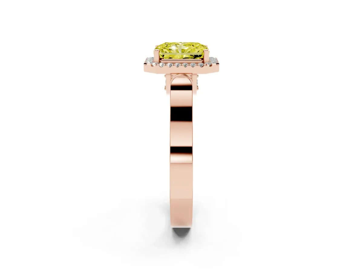 Fancy Yellow Radiant Cut Halo Round Diamond Twist Band with Four-Prong Setting Rose gold