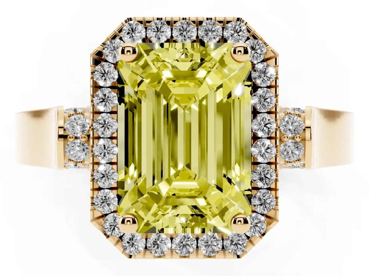 Fancy Yellow Emerald Cut Halo Round Diamond Twist Band with Four-Prong Setting Yellow gold