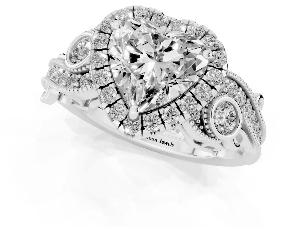 Heart Cut Halo Diamond Ring with Milgrain and Bezel Accents on a Split Shank Band Silver