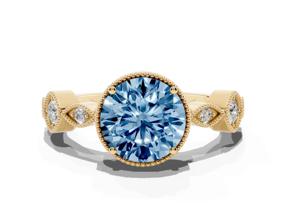 Fancy Blue Round Cut Diamond Vintage Milgrain Ring with Round Stations Yellow gold