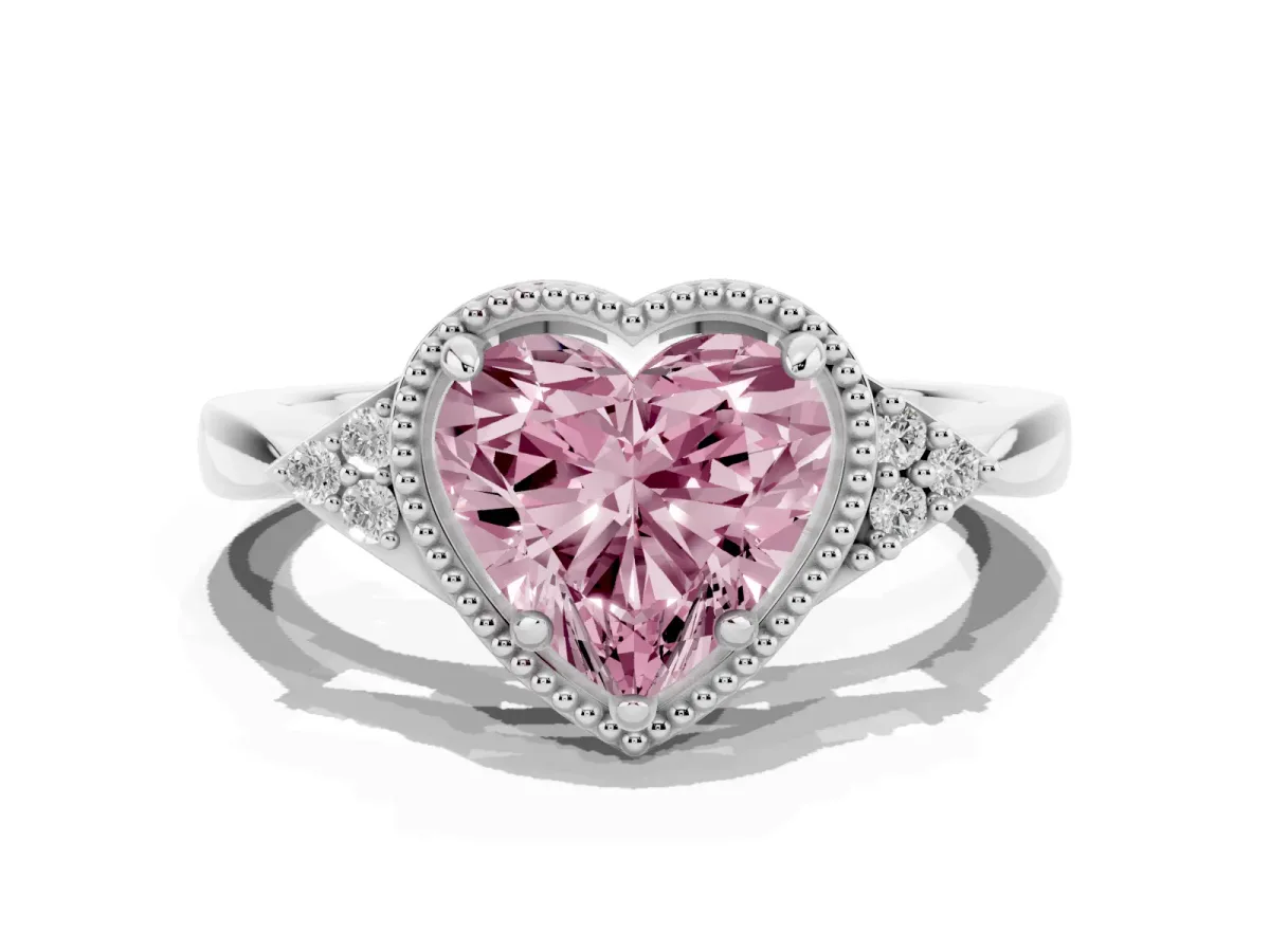 Fancy Pink Heart Cut Diamond Halo Ring with Tapered Band and Four-Prong Setting Platinum