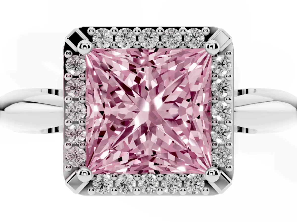 Fancy Pink Princess Cut Cut Diamond Halo Engagement Ring with Split Shank and Four-Prong Setting Silver