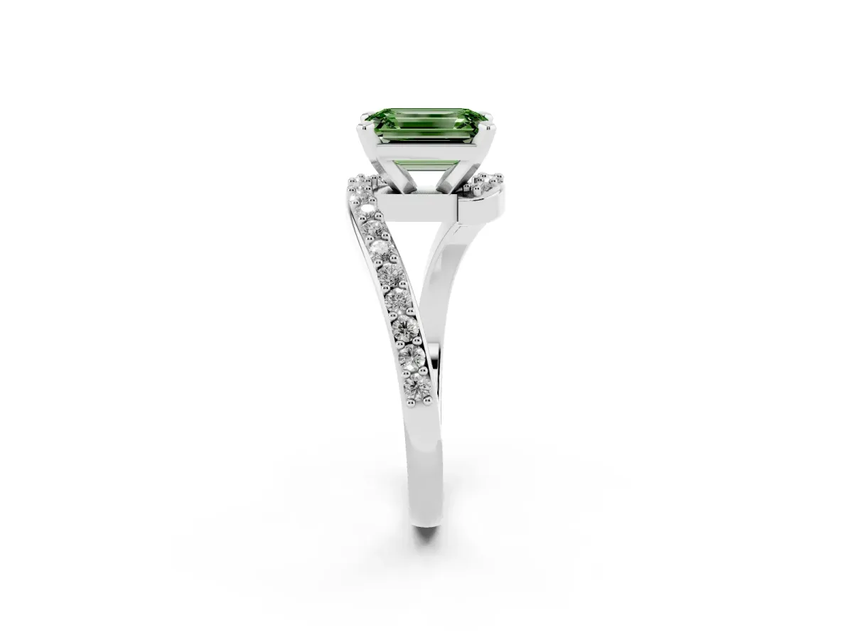Fancy Green Emerald Cut Solitaire Twist Band with Pave Set Diamonds and Four-Prong Setting Platinum