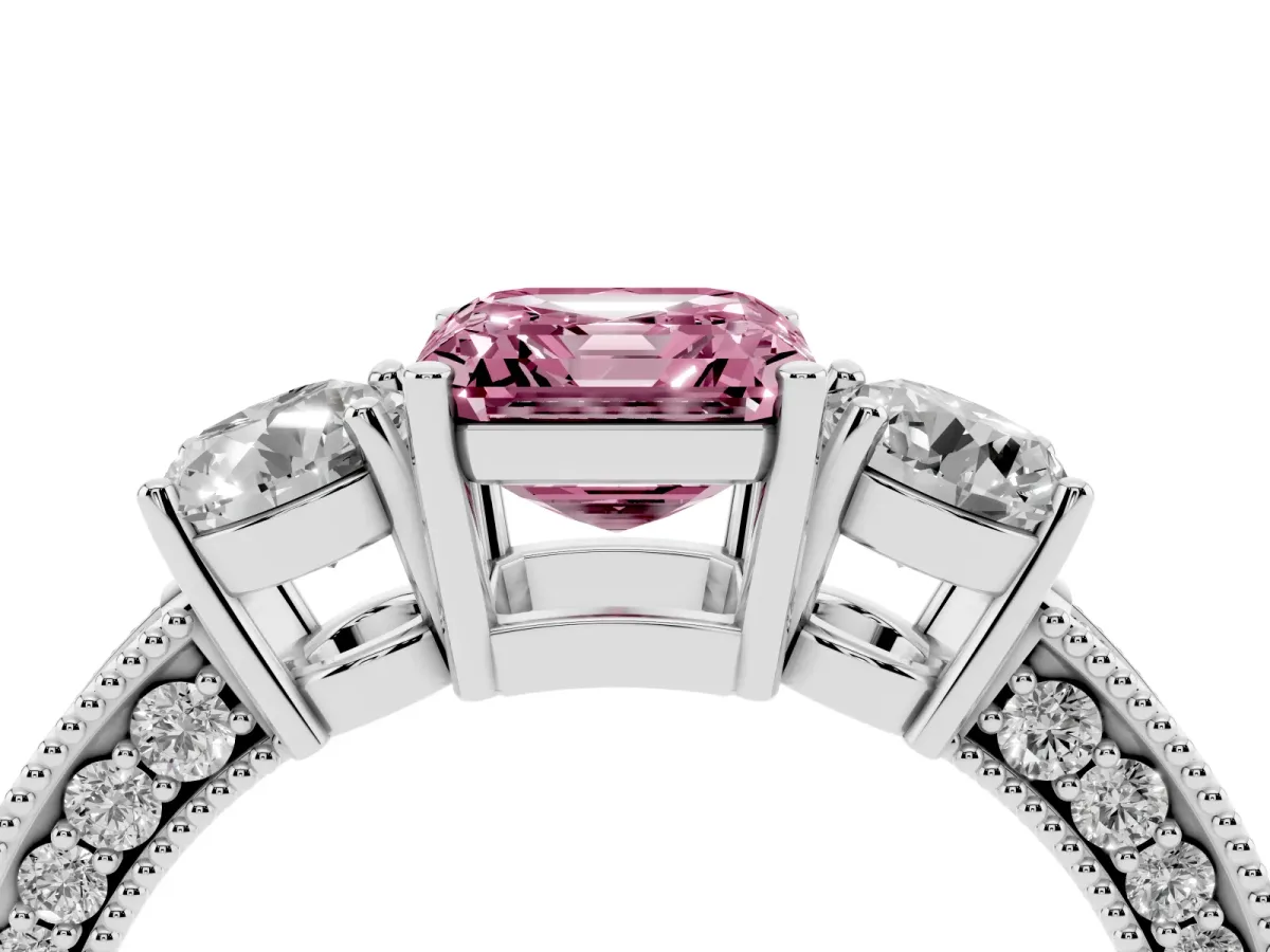 Fancy Pink Asscher Cut Three-Stone Diamond Ring with Pavé Band and Four-Prong Setting Silver