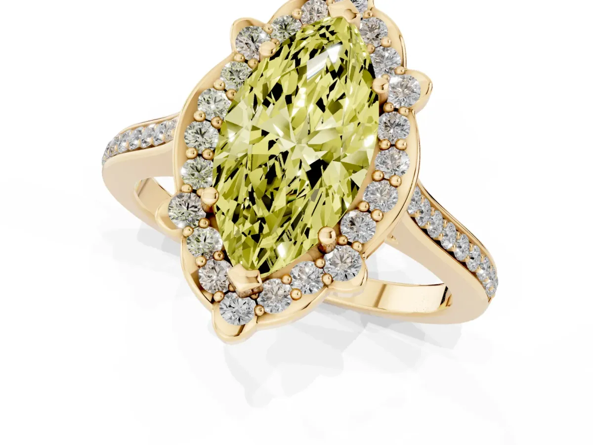 Fancy Yellow Marquise Cut Halo Round Diamond Pave Band with Four-Prong Setting Yellow gold