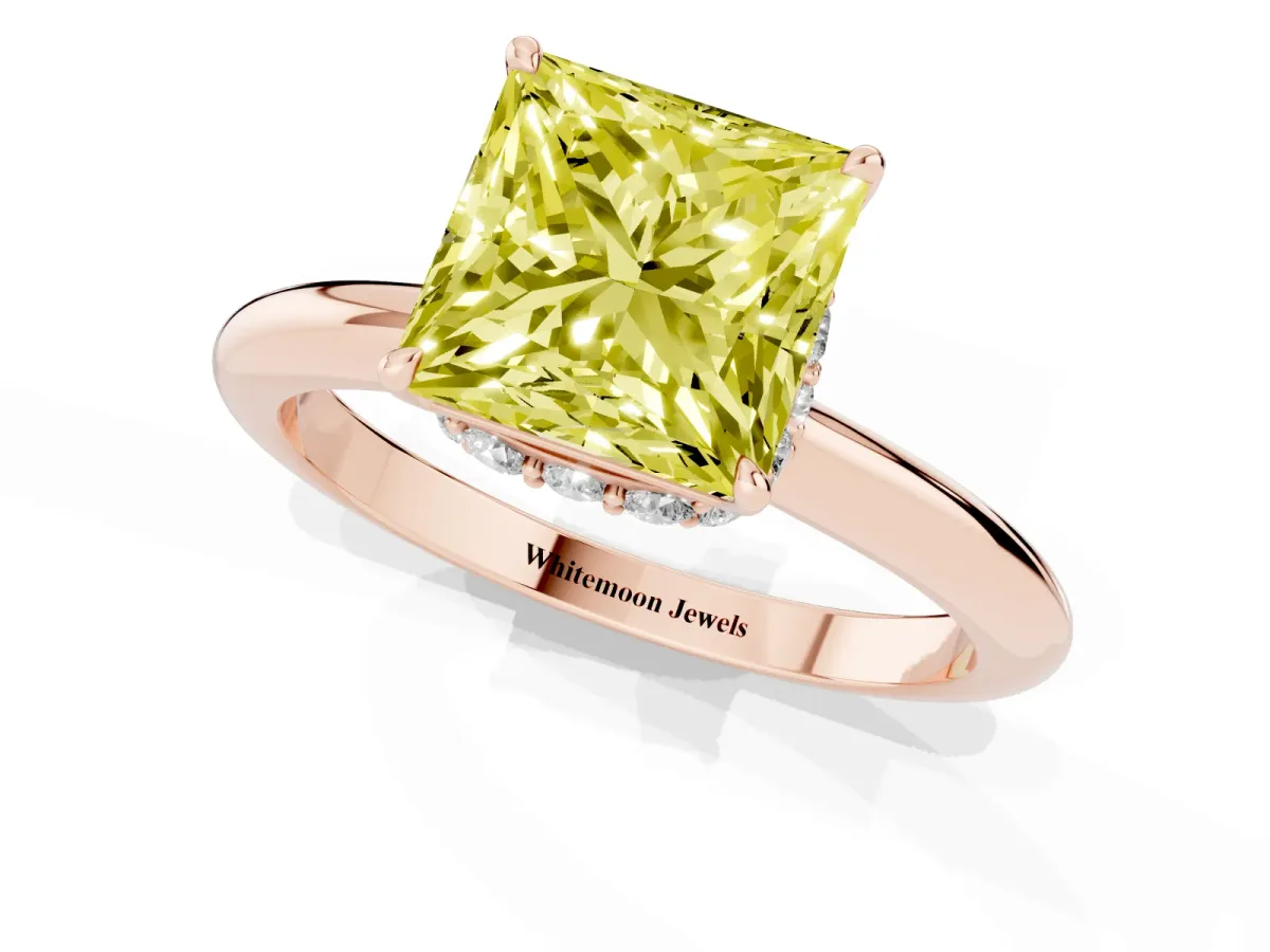 Fancy Yellow Princess Cut Brilliant Solitaire Engagement Ring with Six-Prong Setting and Classic Band Rose gold