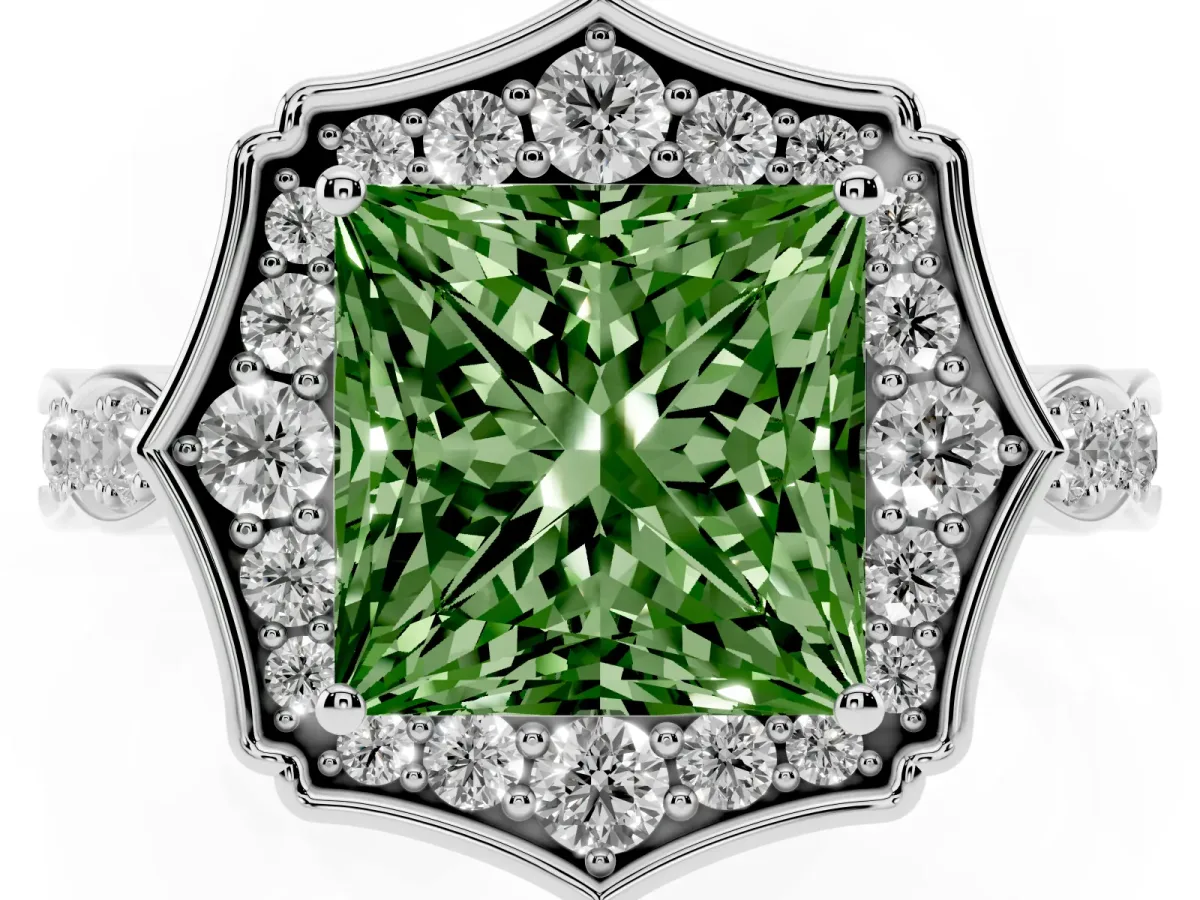 Fancy Green Princess Cut Halo Diamond Engagement Ring with Milgrain Band and Four-Prong Setting Silver