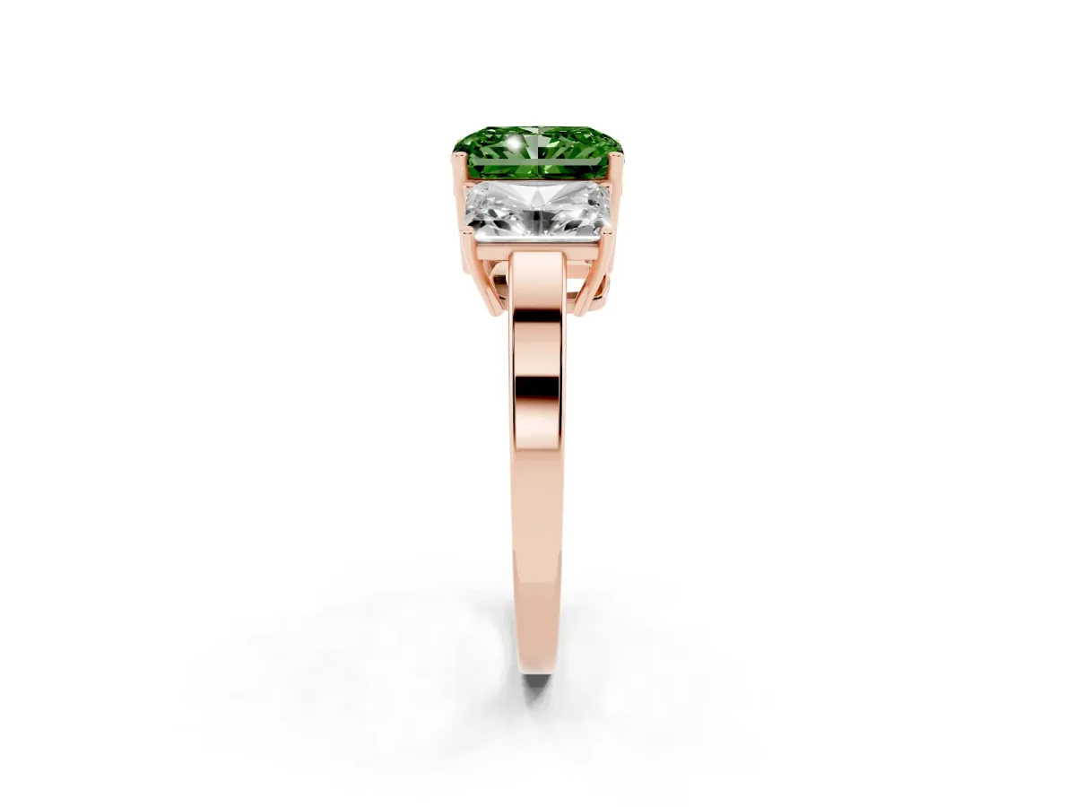 Fancy Green Three-Stone Radiant Cut Cut Diamond Engagement Ring with Flat Band and Four-Prong Setting Rose gold