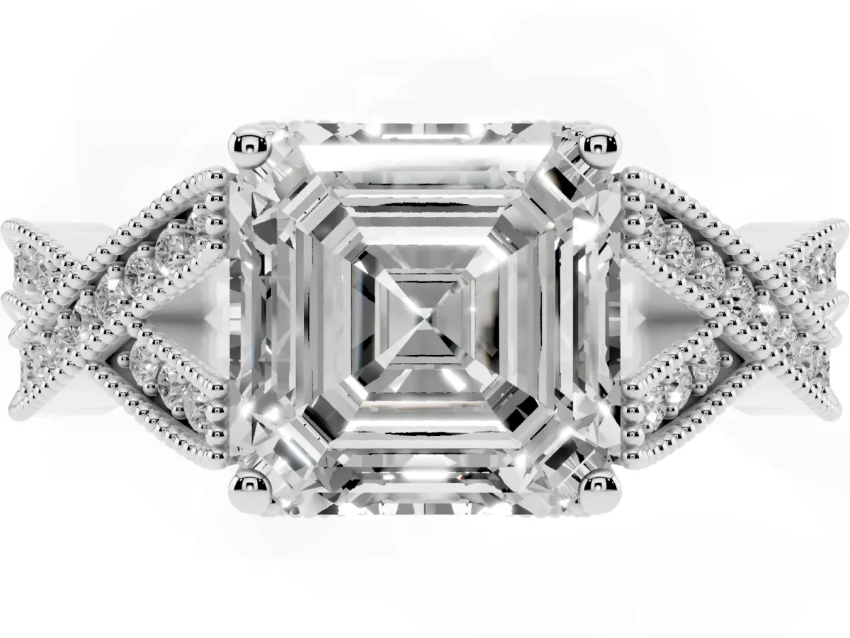 Asscher Cut Cut Diamond Twisted Band with Milgrain Pave Setting and Four-Prong Setting Silver