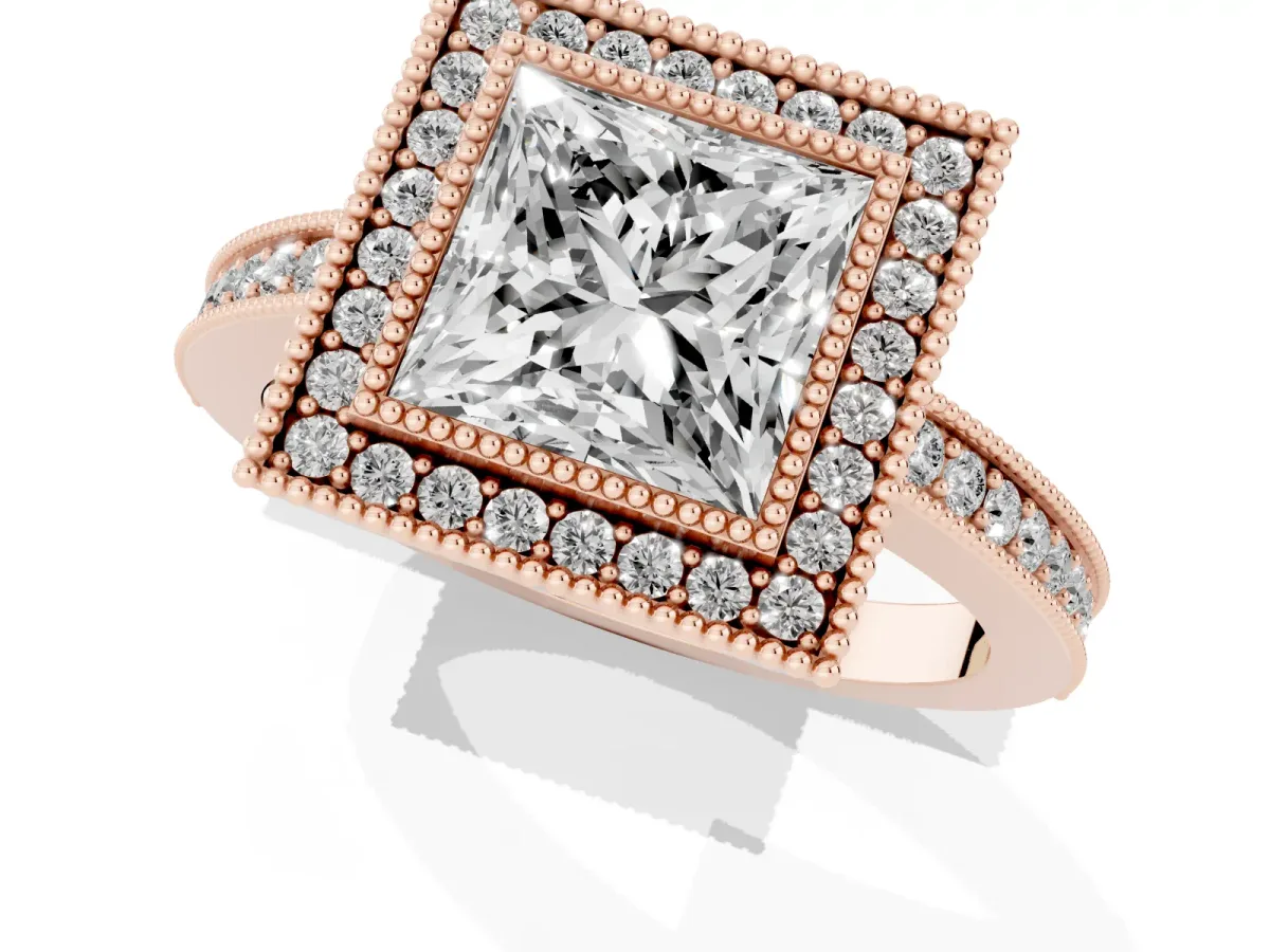 Princess Cut Cut Halo Pavé Diamond Ring Rose gold
