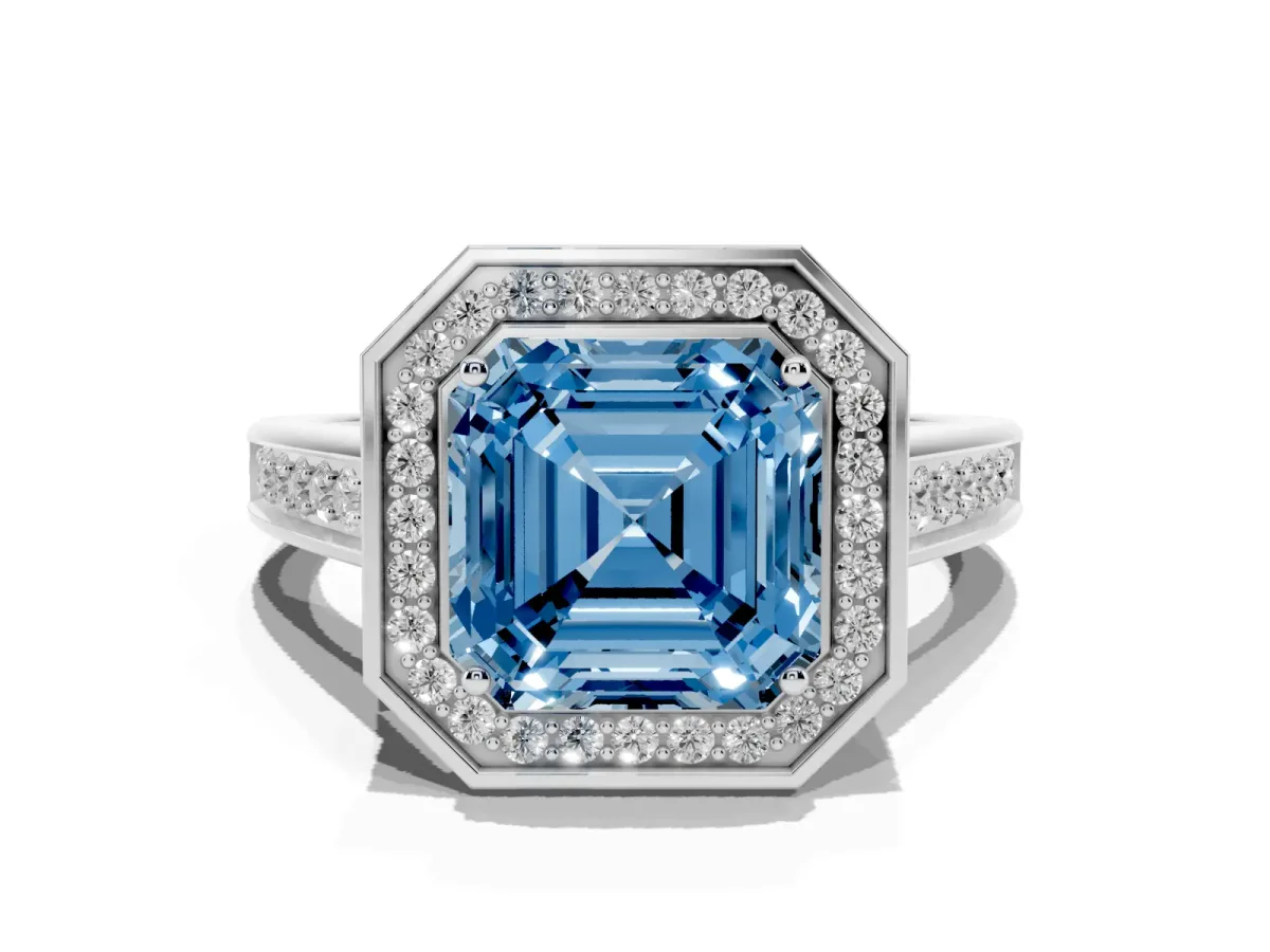 Fancy Blue Asscher Cut Halo Solitaire Diamond Ring with Pave Band and Bezel Setting Silver