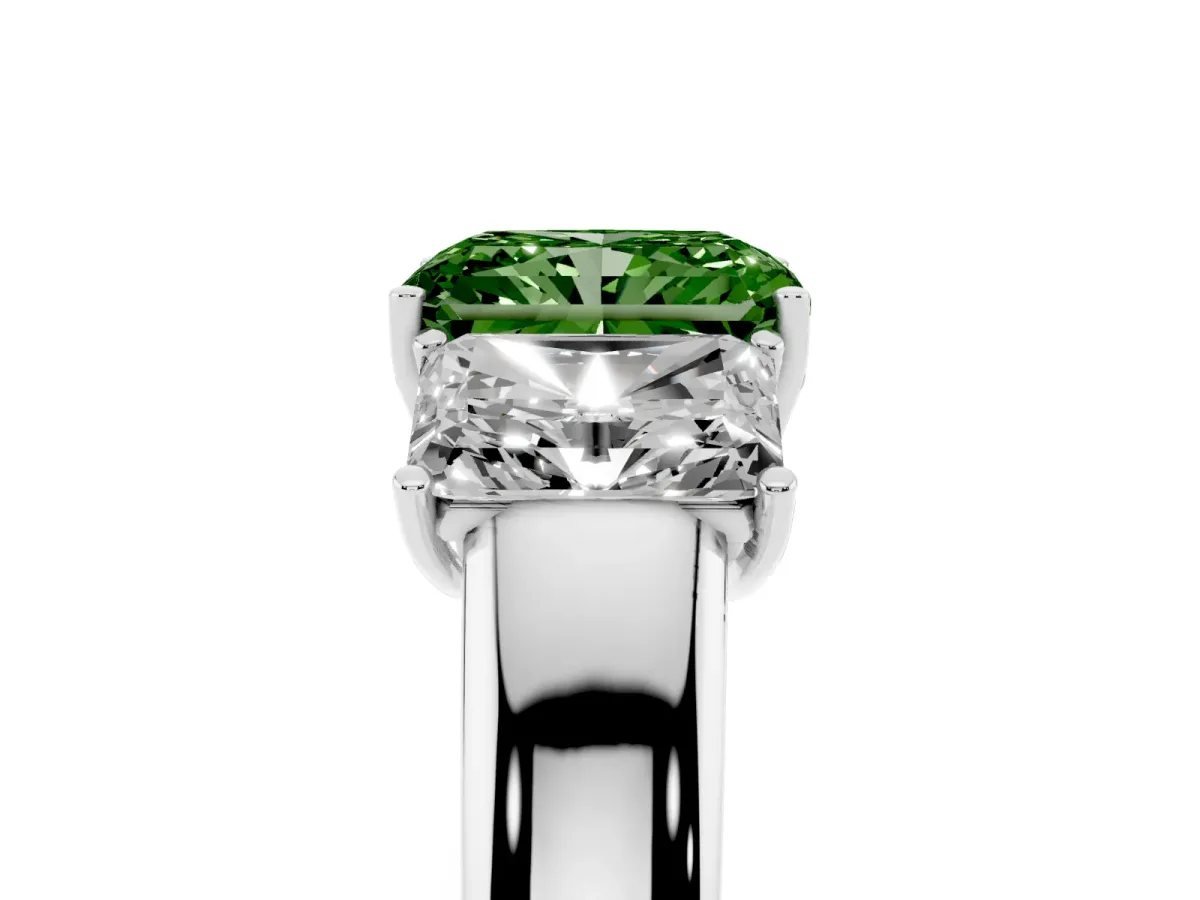 Fancy Green Three-Stone Radiant Cut Cut Diamond Ring with Prong Setting and Classic Band Silver