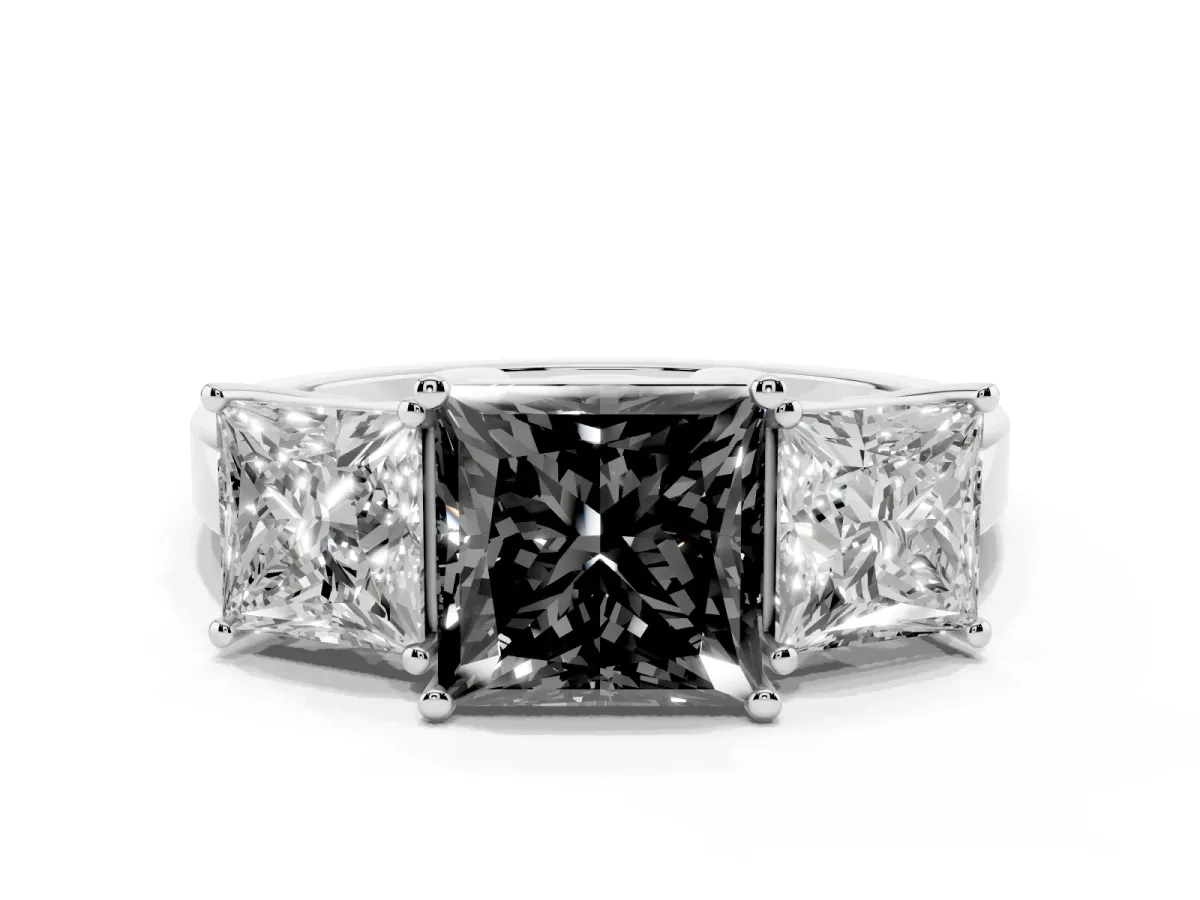 Fancy Black Three-Stone Princess Cut Cut Diamond Engagement Ring with Flat Band and Four-Prong Setting Silver
