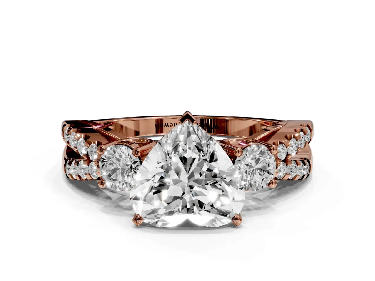 Heart Cut Diamond Three-Stone Ring with Pavé Split Shank and Four-Prong Setting Rose gold