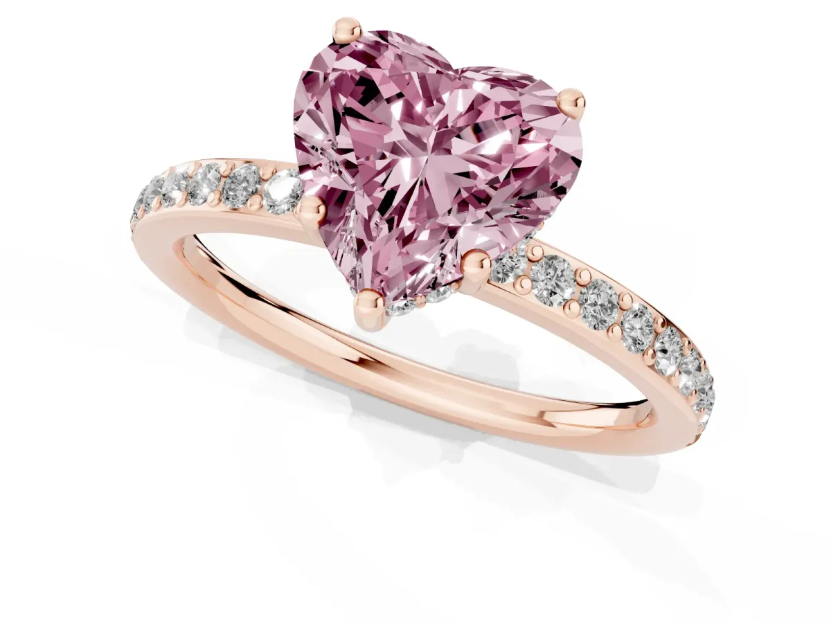 Fancy Pink Heart Cut Cut Diamond Pavé Band Ring with Four-Prong Setting Rose gold