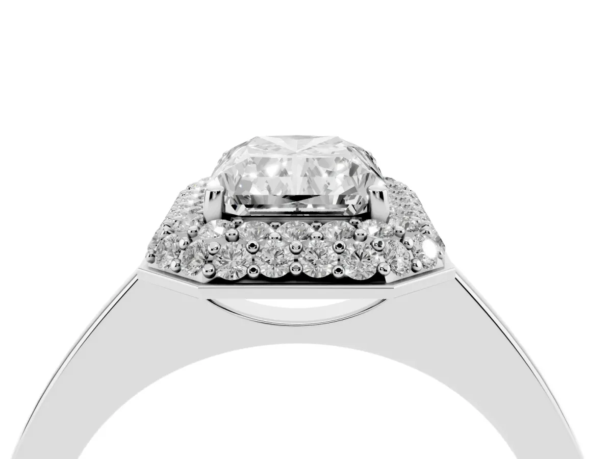Radiant Cut Halo Diamond Engagement Ring with Solitaire Band and Four-Prong Setting Platinum
