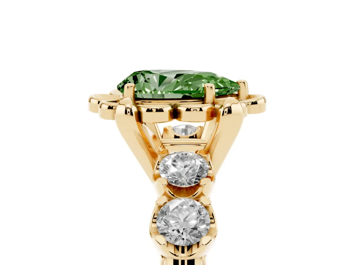 Fancy Green Pear Cut Cut Diamond Floral Halo Engagement Ring with Shared Prong Setting Yellow gold