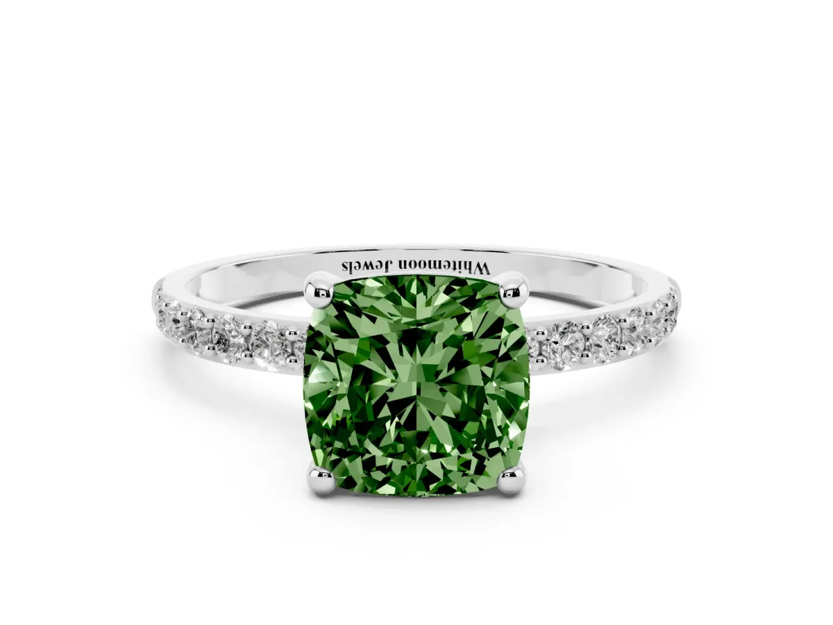 Fancy Green Cushion Cut Diamond Solitaire Ring with Round Pavé Band and Prong Setting Platinum