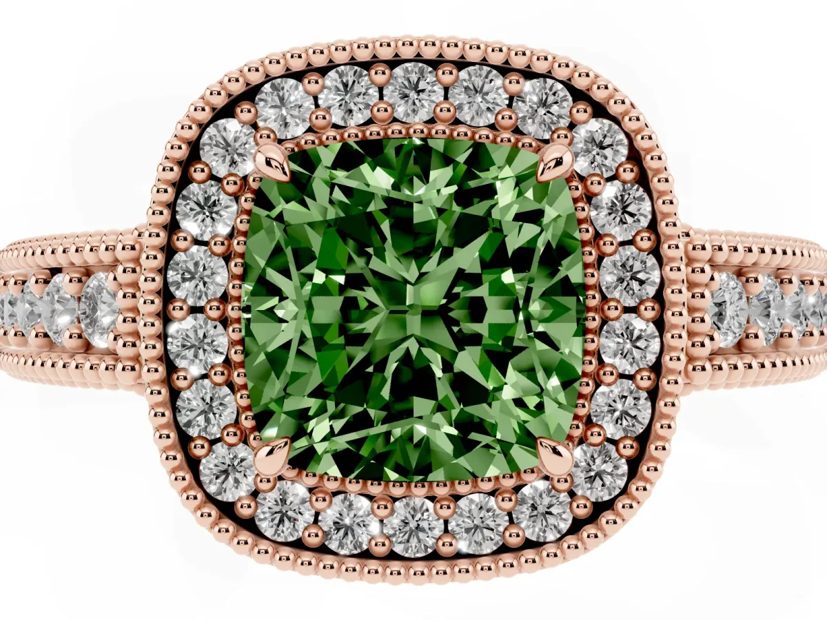 Fancy Green Cushion Cut Cut Halo Diamond Ring with Pavé Band and Four-Prong Setting Rose gold