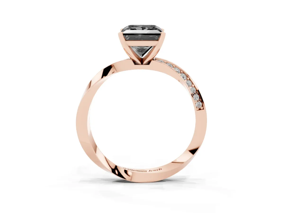 Fancy Black Princess Cut Diamond Engagement Ring with Side Stone Accents and Four-Prong Setting Rose gold
