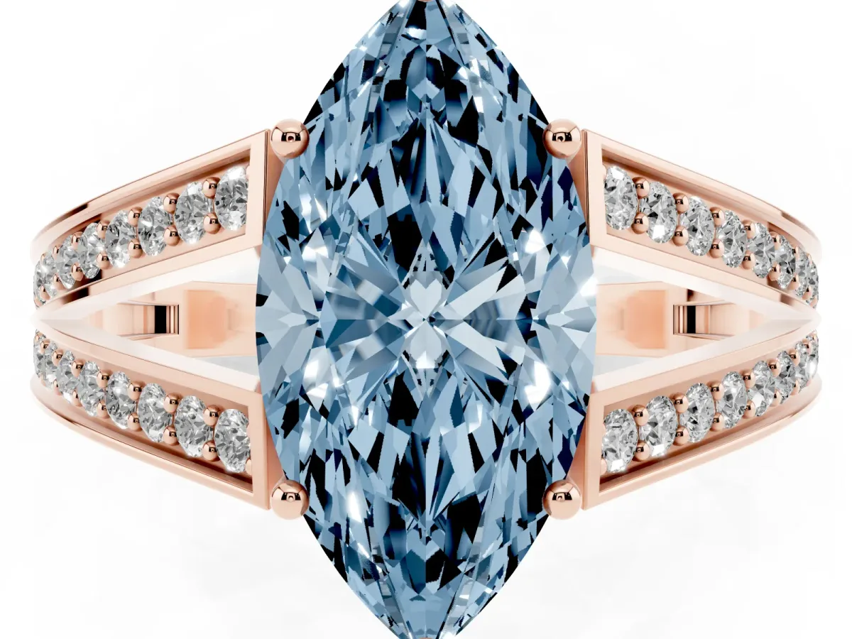 Fancy Blue Marquise Cut Diamond Split Shank Ring with Pavé Band and Four-Prong Setting Rose gold
