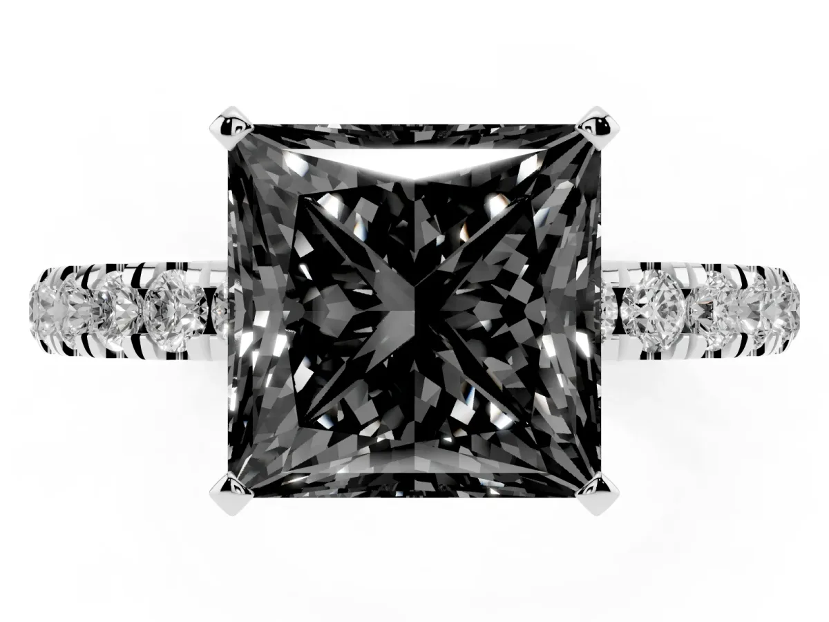 Fancy Black Princess Cut Diamond Solitaire Ring with Pavé Accents and Four-Prong Setting Silver