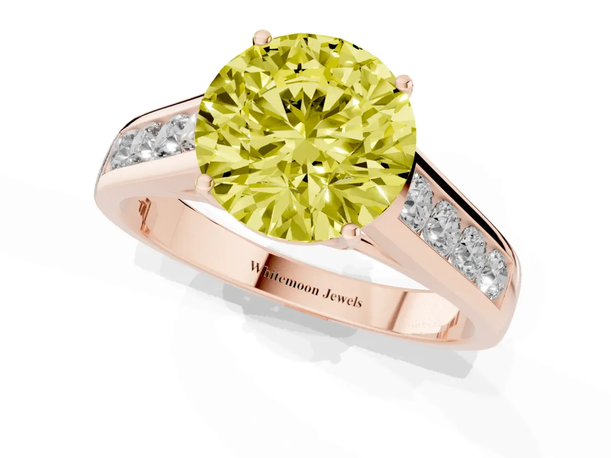 Fancy Yellow Round Cut Brilliant Channel-Set Solitaire Ring with Four-Prong Setting Rose gold