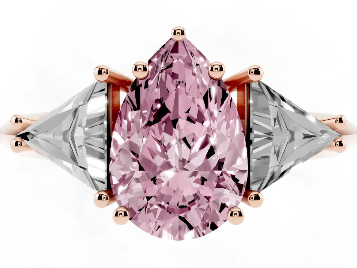 Fancy Pink Three-Stone Pear Cut Diamond Engagement Ring with Trillion Side Stones and Prong Setting Rose gold