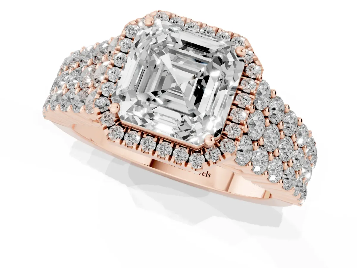 Asscher Cut Diamond Halo Engagement Ring with Triple Row Round Pavé Band and Prong Setting Rose gold