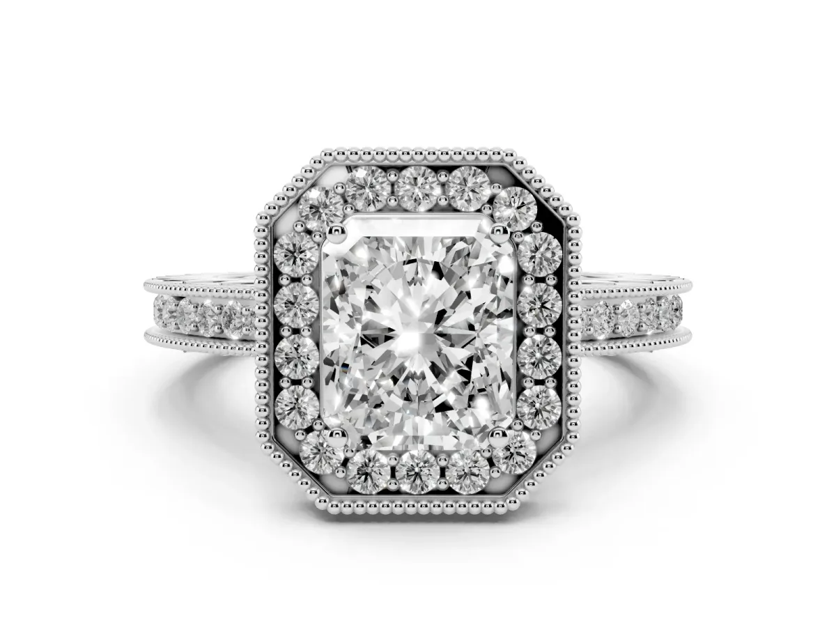 Radiant Cut Diamond Milgrain Halo Engagement Ring with Round Pavé Band and Prong Setting White gold