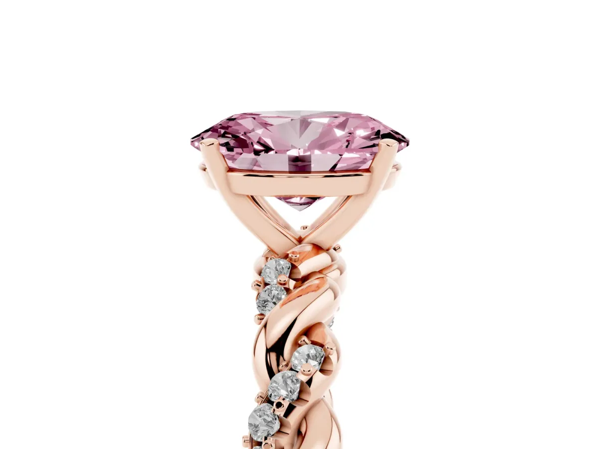 Fancy Pink Oval Cut Diamond Solitaire Ring with Twisted Band and Pavé Accents Rose gold