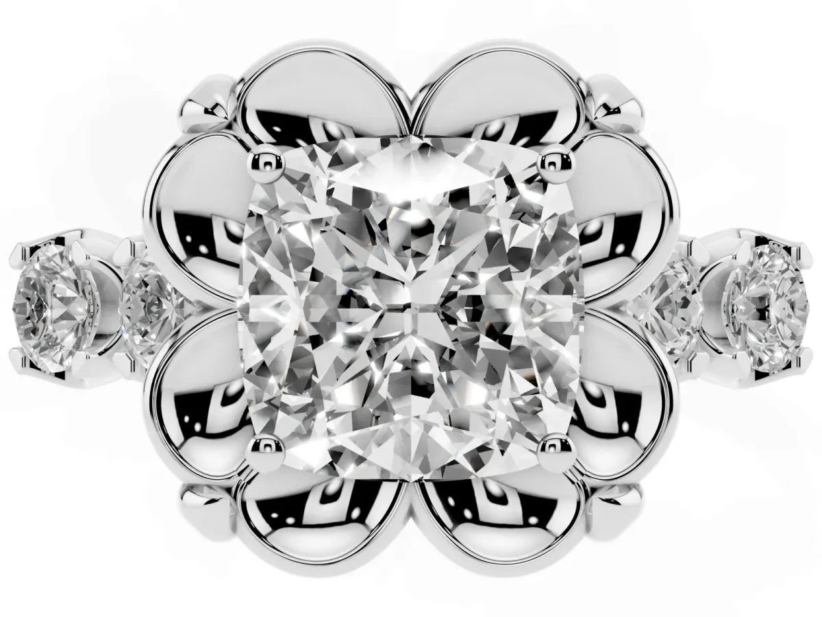 Cushion Cut Cut Diamond Floral Halo Engagement Ring with Shared Prong Setting Silver