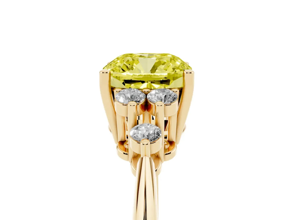 Fancy Yellow Cushion Cut Cut Diamond Cluster Ring with Solitaire Band and Four-Prong Setting Yellow gold
