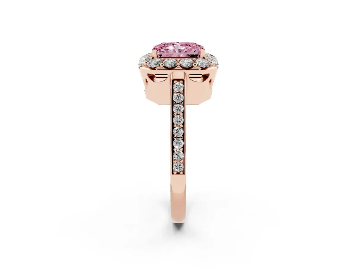 Fancy Pink Radiant Cut Diamond Floral Halo Ring with Pavé Band and Prong Setting Rose gold