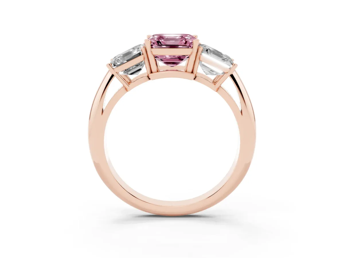 Fancy Pink Three-Stone Asscher Cut Cut Diamond Engagement Ring with Prong Setting on a White Gold Band Rose gold