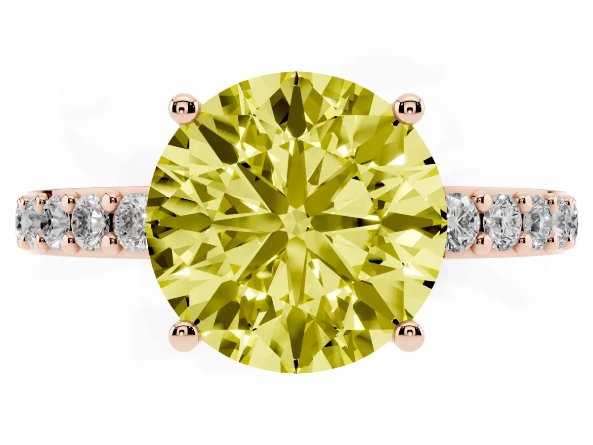 Fancy Yellow Round Cut Cut Diamond Solitaire with Pave Band and Four-Prong Setting Rose gold