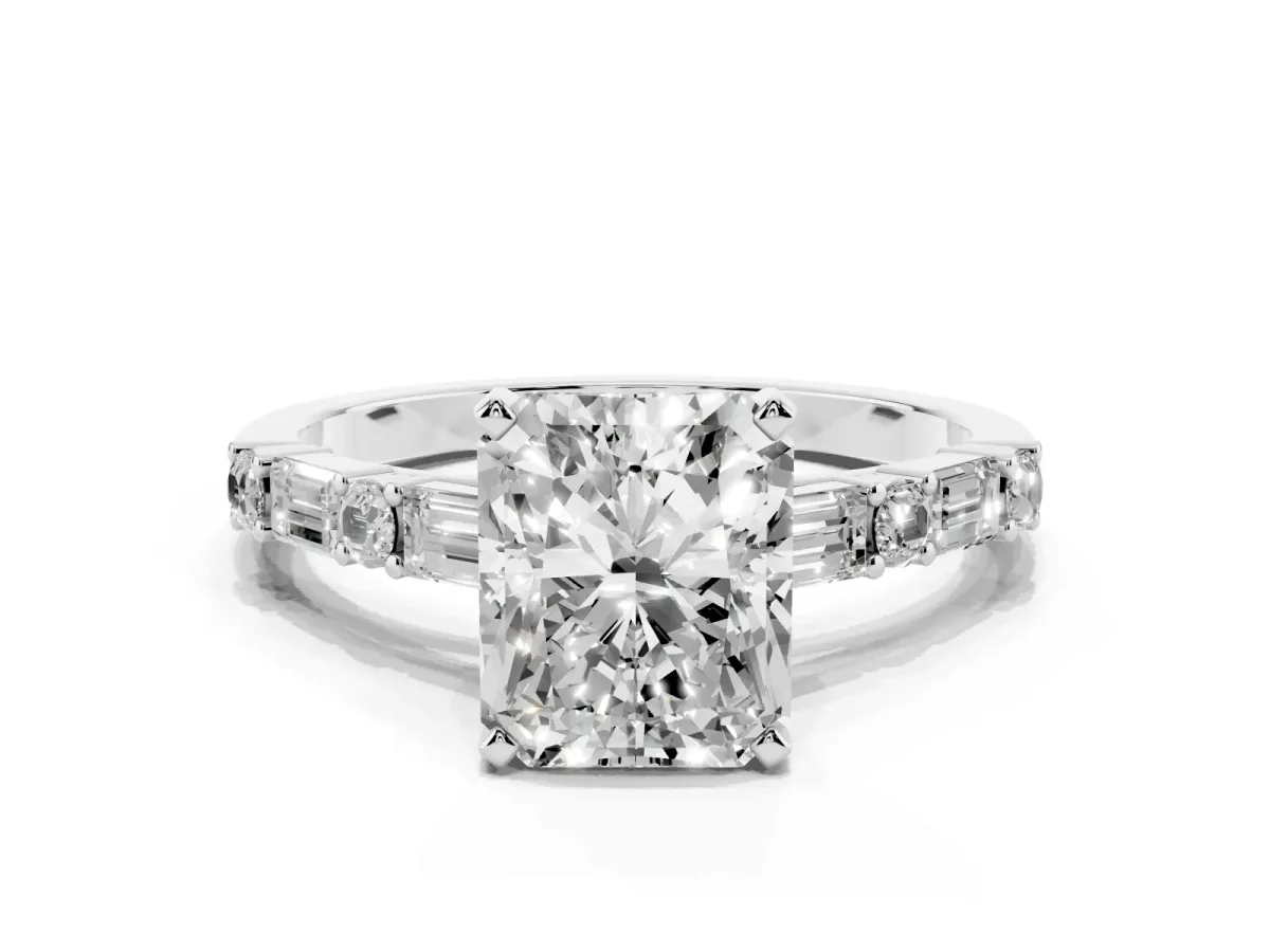 Radiant Cut Diamond Solitaire with Side Baguettes and Channel Set Band Silver