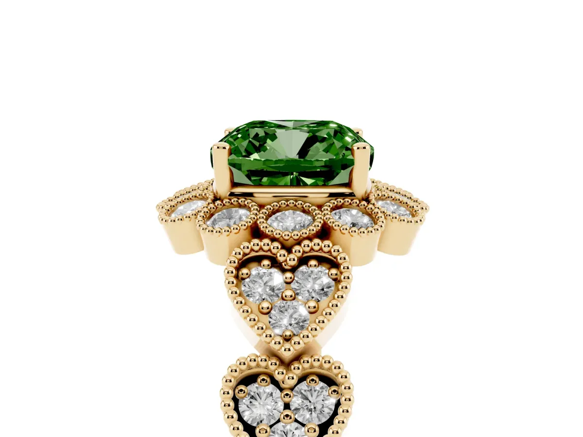 Fancy Green Cushion Cut Brilliant Milgrain Pave Heart Band Solitaire Ring Yellow gold