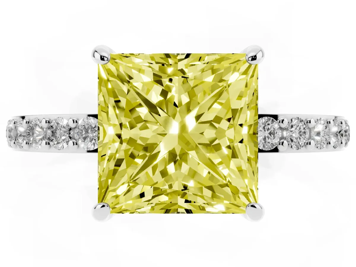 Fancy Yellow Princess Cut Diamond Solitaire Engagement Ring with Pavé Band and Four-Prong Setting Silver