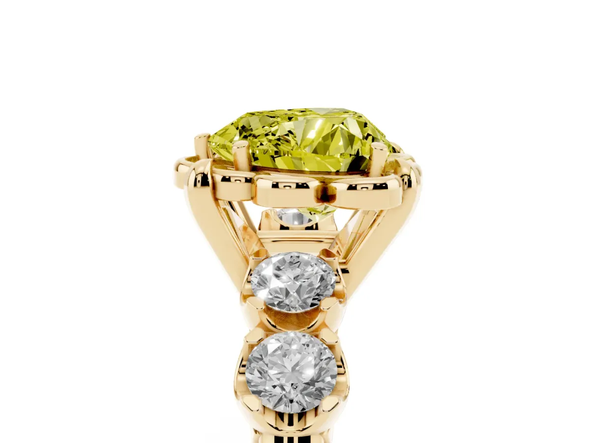 Fancy Yellow Heart Cut Cut Diamond Floral Halo Engagement Ring with Shared Prong Setting Yellow gold