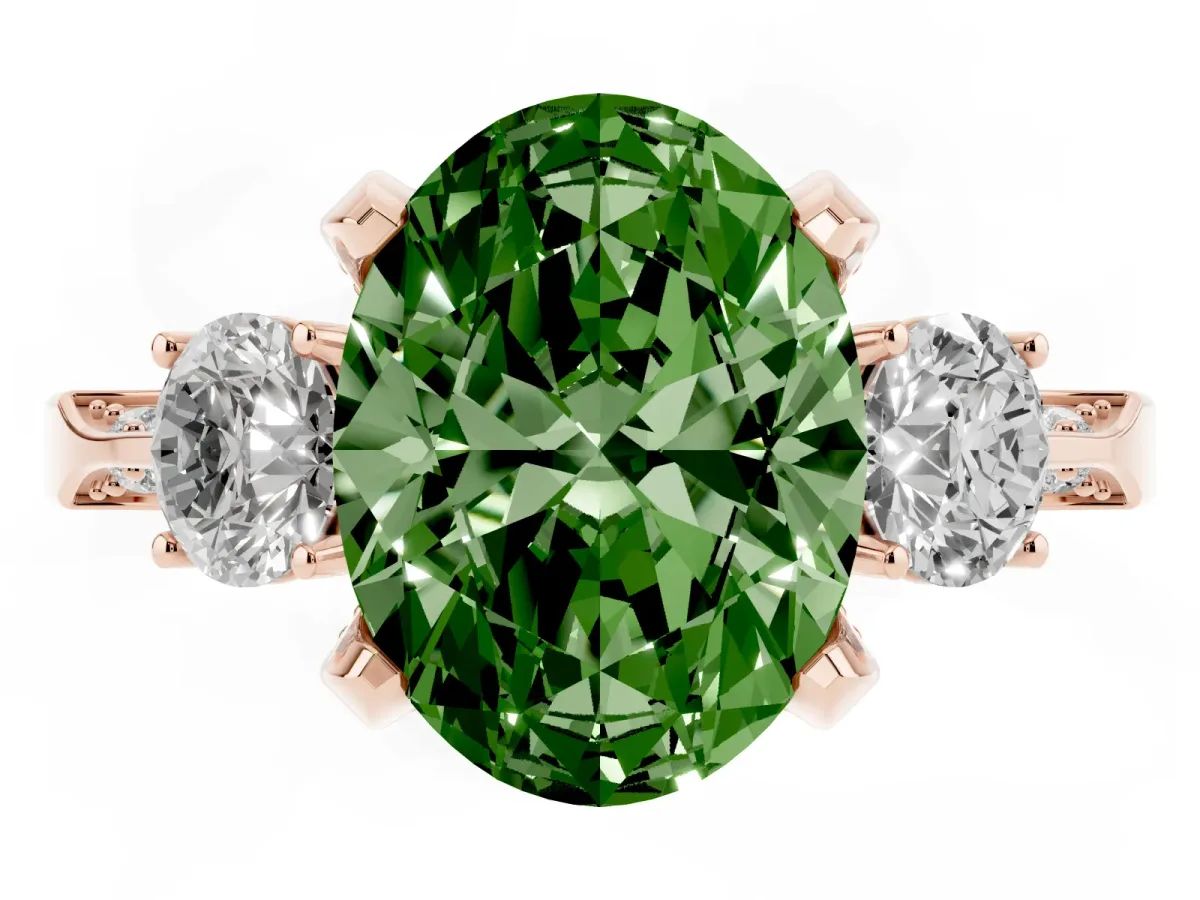 Fancy Green Oval Cut Brilliant Three-Stone Diamond Ring with Pavé Band and Four-Prong Setting Rose gold