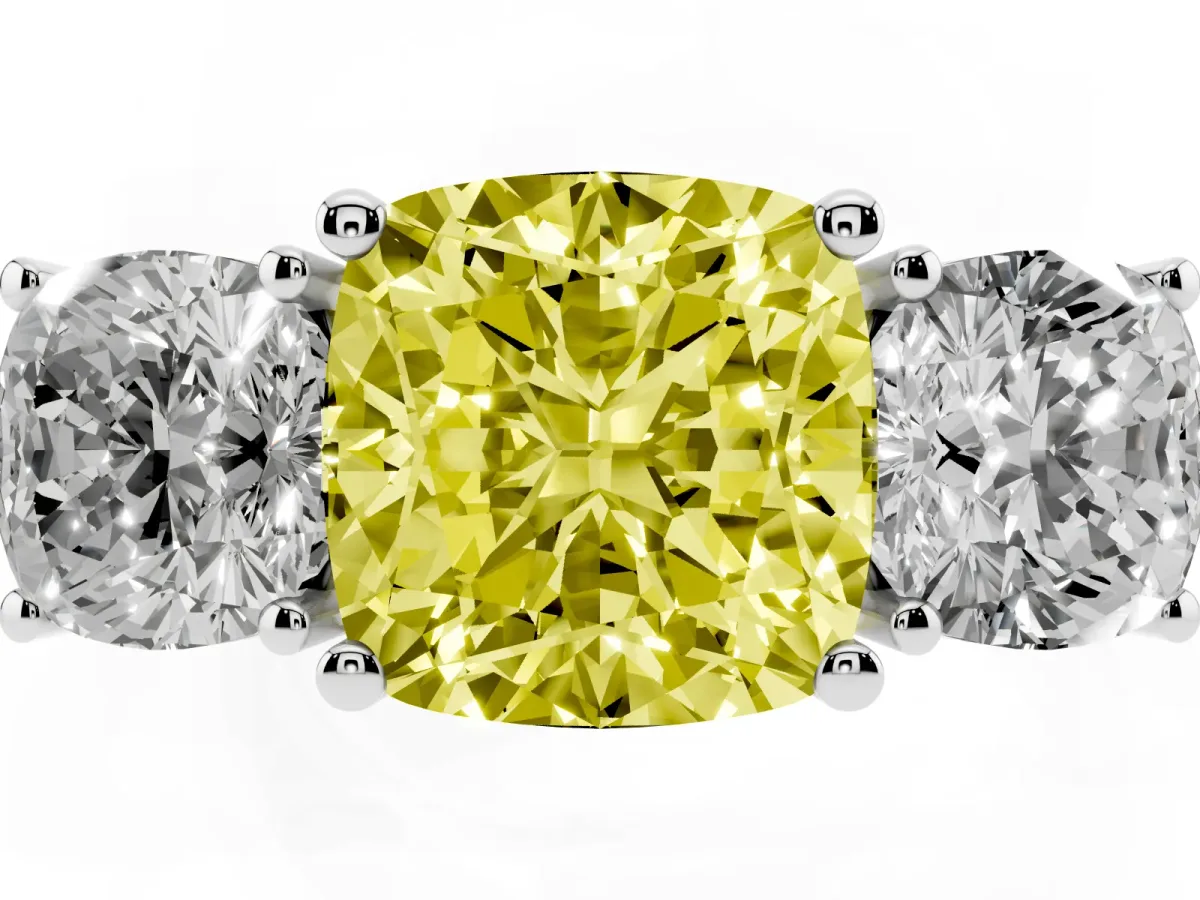 Fancy Yellow Three-Stone Cushion Cut Cut Diamond Engagement Ring with Flat Band and Four-Prong Setting Silver
