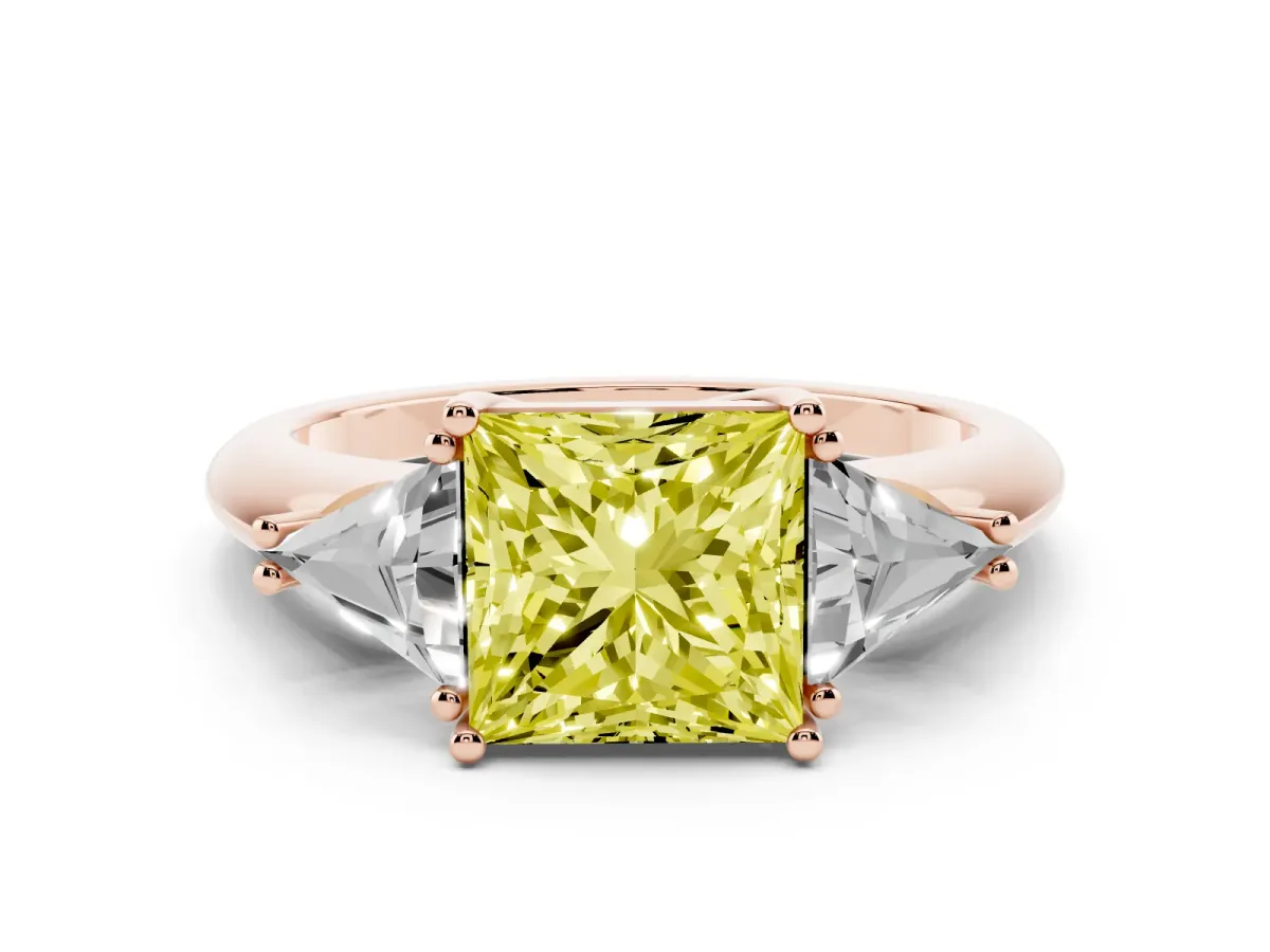 Fancy Yellow Three-Stone Princess Cut Diamond Engagement Ring with Trillion Side Stones and Prong Setting Rose gold