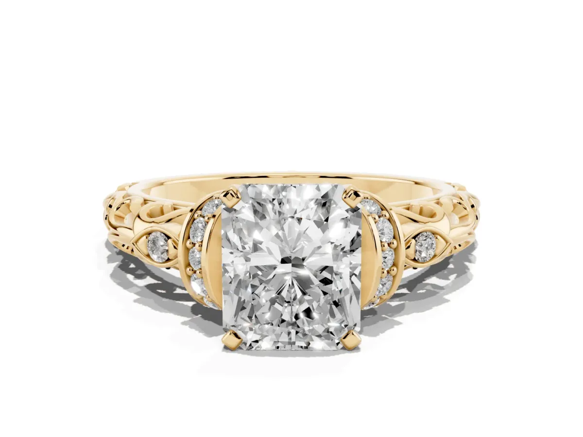 Radiant Cut Diamond Solitaire Ring with Filigree Band and Four-Prong Setting Yellow gold