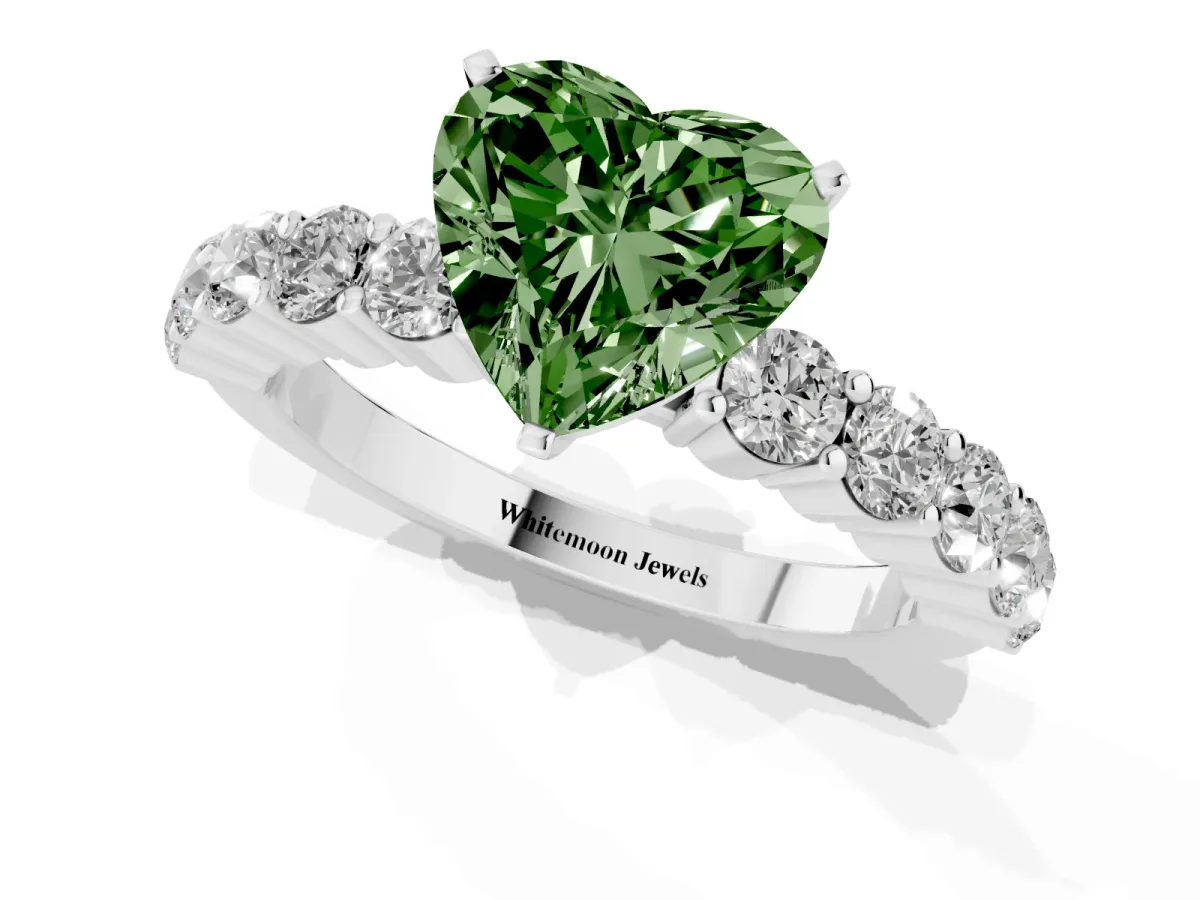 Fancy Green Heart Cut Diamond Solitaire Ring with Shared Prong Round Side Stones Platinum