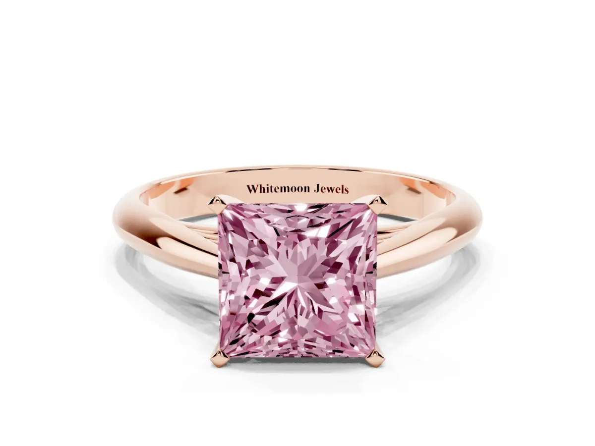 Fancy Pink Princess Cut Diamond Solitaire Engagement Ring with Cathedral Setting and Four-Prong Mount Rose gold