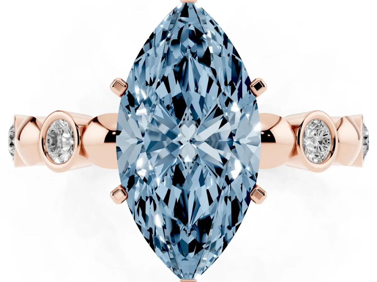 Fancy Blue Marquise Cut Solitaire Bezel-Set Diamond Ring with Beaded Band and Four-Prong Setting Rose gold