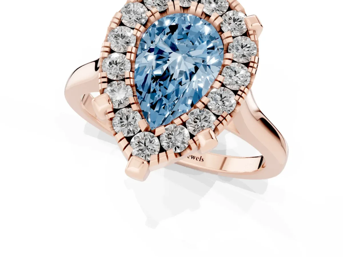 Fancy Blue Pear Cut Diamond Cluster Halo Solitaire with Four-Prong Setting Rose gold